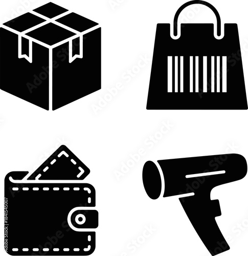 Essential E-commerce and Shopping Icons Set: Barcode Scanner, Delivery Box, Retail Bag, and Wallet Glyphs for Digital Commerce, Logistics, and Transaction Interface Design.