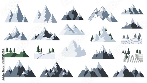 Set of Snowy Mountain and Winter Landscape Elements Illustration Collection