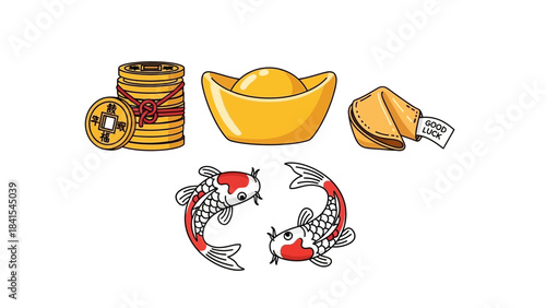 Chinese Lucky Elements Set: Gold Coins, Sycee, Fortune Cookie, and Koi Fish Illustration