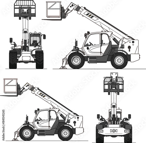 Flat vector illustration of telescopic handler machine, construction equipment, lifting vehicle, forklift boom, industrial loader, multiple views, engineering machinery