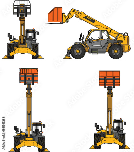 Flat vector illustration of telescopic handler machine, bucket attachment, extended boom, construction equipment, lifting vehicle, multiple views, industrial loader