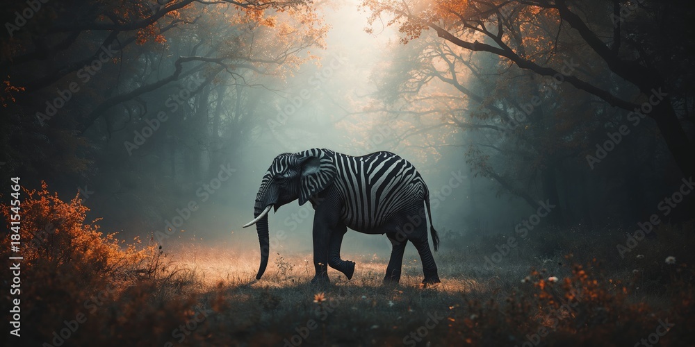 Obraz premium Zebra-striped African elephant in monochrome, highlighting unique skin patterns, wildlife conservation, World Wildlife Day
