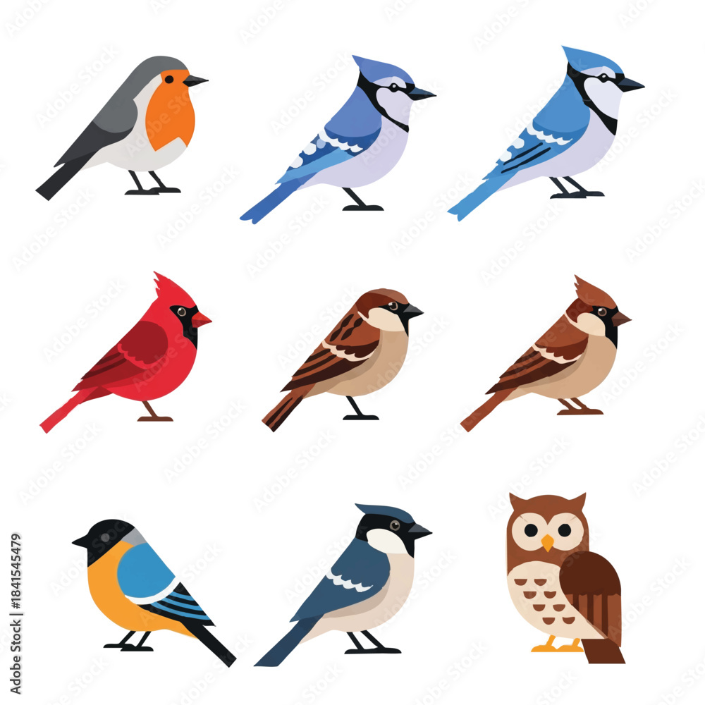 Fototapeta premium Colorful multi-species bird icons rendered in a modern flat 2D vector illustration style, arranged neatly against a clean white backdrop for web and mobile applications.