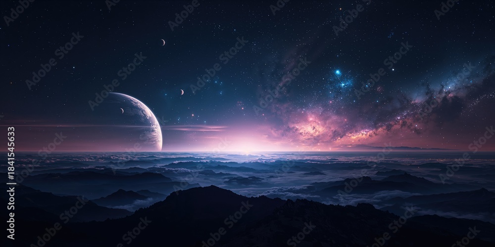 Obraz premium Cosmic landscape with planets, stars, and galaxies, serving as a background for space-themed layouts