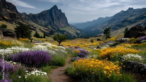 Fototapeta Naklejka Na Ścianę i Meble -  A dirt path leads through a vibrant wildflower meadow towards a majestic mountain valley.