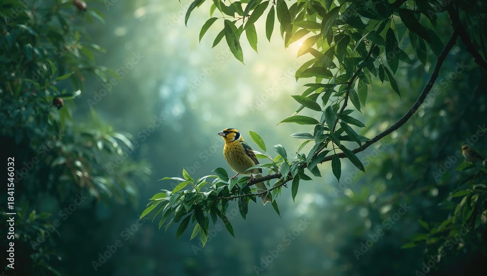 Fototapeta premium Group of birds sitting on tree branches, useful as a background for layout or editorial headers, World Bird Day