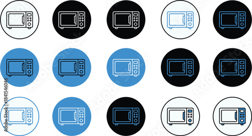 Microwave Oven Icon Set Vector – Minimalist Thin Line Appliance Design
