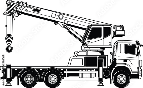 Flat vector illustration of mobile crane truck silhouette, telescopic boom, pulley hook, construction equipment, heavy vehicle, black and white graphic