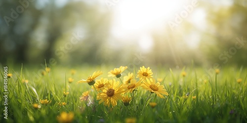 Fototapeta Naklejka Na Ścianę i Meble -  Yellow blossoms in a sunny summer landscape, floral scene with grass and leaves, representing seasonal change