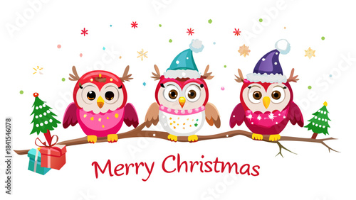 Three beautifully dressed owls singing a Christmas song on a snowy branch, tiny lanterns glowing, soft falling snow, charming woodland concert