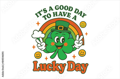 A cheerful illustration depicts a green clover leprechaun with a rainbow wishing everyone a lucky day with smiles