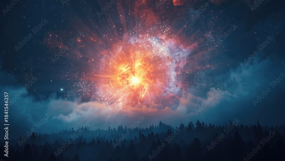 Obraz premium Supernova explosion in cosmic darkness with glowing stars and nebulae, ideal for space event visuals