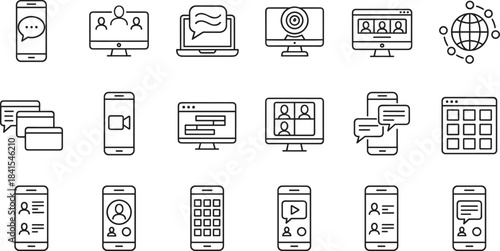 Digital Communication Icons Set, Black and White Line Art, Interface Elements, Messaging, Video Calls, User Profiles, Web Design