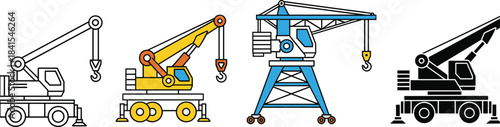 Flat vector illustration of mobile and tower construction cranes with hooks, wheels, booms, industrial equipment, engineering machinery, building site tools
