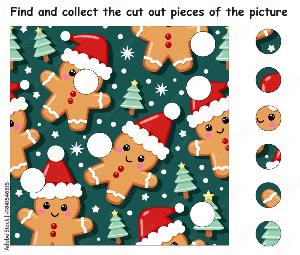 Fototapeta premium Vector child logic game find and collect cut out pieces of picture. Complete all fragments. Children drawing of christmas cartoon chocolate gingerbread in santa claus hat, snowflake, new year tree.