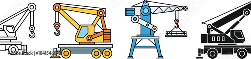 Flat vector illustration of various construction cranes, mobile and tower types, boom arms, lifting hooks, industrial equipment, engineering machinery