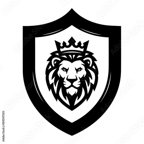 Vintage heraldic coat of arms emblem featuring a powerful lion head with a crowned skull shield and tribal wings in a black vector silhouette tattoo art style