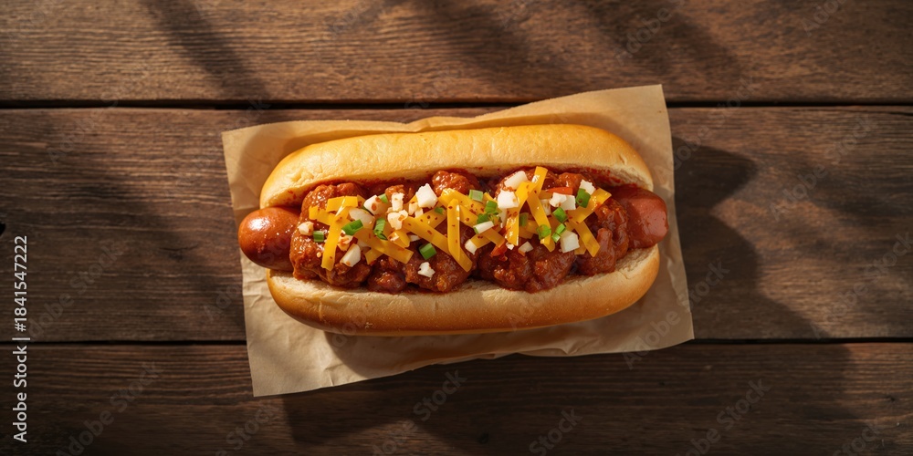 Fototapeta premium Authentic chili hot dog topped with cheddar cheese onion and spicy sauce served on paper on table, food safety and hygiene focus
