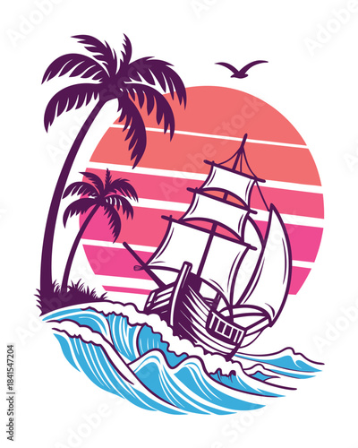 Vibrant Sailing Ship Illustration | Ocean Waves Vector EPS