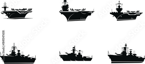 Set of aircraft carrier and warship silhouettes, detailed naval military vessel designs shown in multiple styles, bold vector illustration collection for maritime, defense, army and combat themes