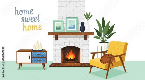 Cozy and inviting living room interior design featuring a warm brick fireplace, modern armchair with a sleeping cat, and decorative side table with candles
