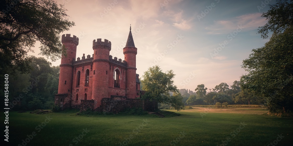 Naklejka premium Historic brick building nestled among trees under a bright sky, highlighting rural landscape and wooden structure