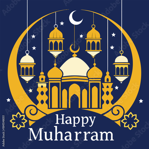 Beautiful islamic illustration of a mosque and crescent moon with hanging lanterns celebrating happy muharram with decorative elements and stars on a dark blue background