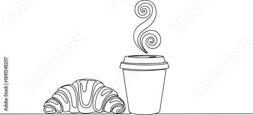 Continuous one-line art drawing of a fresh European croissant pastry next to a disposable takeaway coffee cup with hot, stylized steam rising