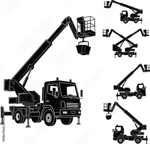 Flat vector illustration of aerial work platform silhouettes, boom lift trucks, scissor lifts, construction equipment, utility vehicles, black graphic design