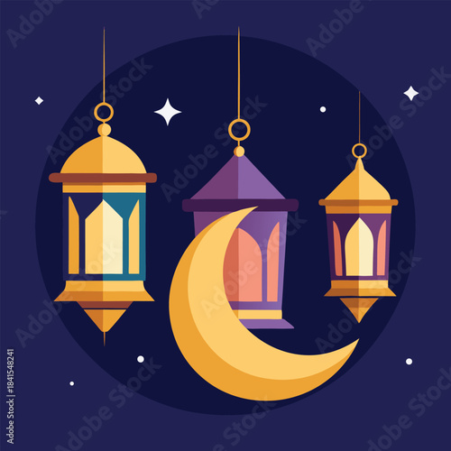 Beautiful islamic crescent moon and ornate lanterns illuminated against a dark night sky with twinkling stars symbolizing ramadan and eid celebrations with a festive and spiritual atmosphere