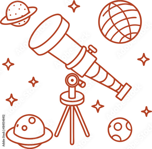 Whimsical hand drawn illustration of a telescope on a tripod surrounded by planets stars and a stylized earth representing space exploration and astronomical discovery
