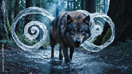 A dark wolf strides through a misty forest as water spirals whirl behind, mirrored wet ground. dusk