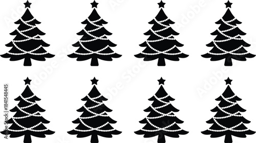 Set of Christmas tree silhouette icons with bead garlands and star toppers, ideal for holiday crafts, Christmas decorations, festive designs, print projects and seasonal graphics