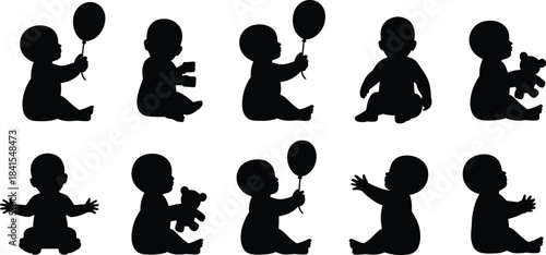 Set of baby silhouette illustrations showing infants sitting, playing, holding balloons and teddy bears, simple black vector designs perfect for nursery, childcare, parenting and family themesSet of b