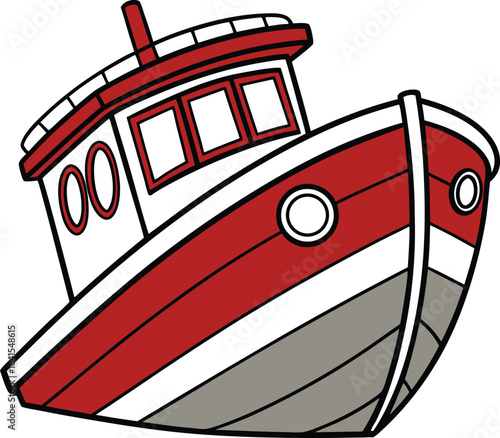 A charming cartoon illustration of a red and white tugboat with a grey hull depicted at a jaunty angle perfect for nautical themes and children s designs