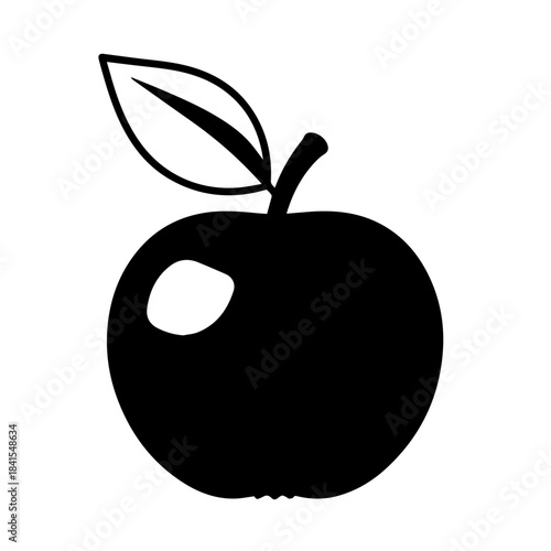 A Simple Black Apple: A silhouette of a crisp, fresh apple with a single leaf, an emblem of wholesome simplicity.