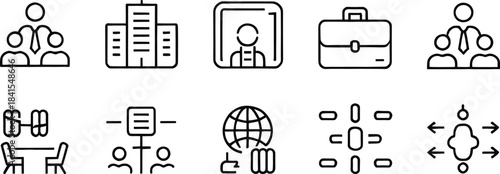 Business and Office Management Icons Set – Corporate Teamwork, Leadership, Briefcase, Global Network, Meeting, Communication, and Organization Outline Icons