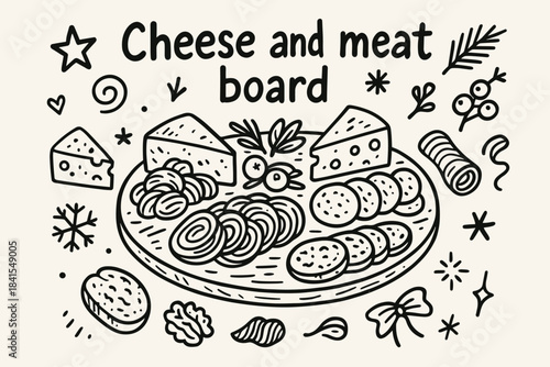 Festive Cheese Board. Cheese and meat board. Hand-drawn doodle illustration of Cheese and meat board. Central