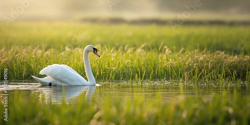 Fototapeta Naklejka Na Ścianę i Meble -  Elegant white swan resting in a grassy field, natural serenity, seasonal change