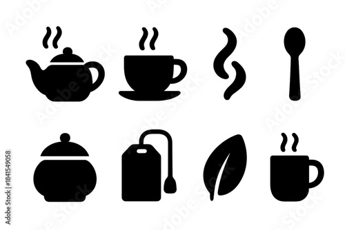Tea Set Icons. Tea set with steam rising. Filled icon set of Tea set with steam rising: teapot, cup, saucer,