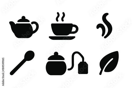 Hot Beverage Icons. Hot beverage set. Filled icon set of Hot beverage set: teapot, cup, saucer, steam swirl,