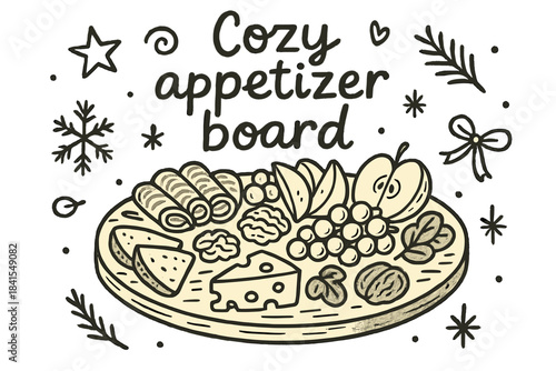 Cozy Appetizer Delight. Cozy appetizer board. Hand-drawn doodle illustration of Cozy appetizer board. Central