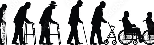 Flat vector illustration of aging progression silhouettes, elderly mobility stages, cane, walker, rollator, wheelchair, health care, black graphic design