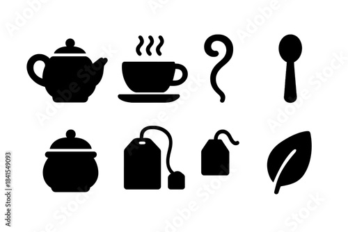 Cozy Tea Icons. Cozy tea set scene. Filled icon set of Cozy tea set scene: teapot, cup, saucer, steam swirl,
