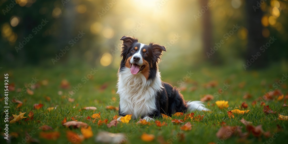 Fototapeta premium Border Collie resting on forest floor, demonstrating alertness during outdoor activity
