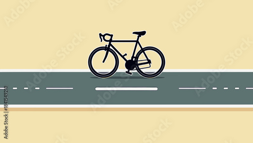 Dark racing bicycle on dashed lane in minimalist vector style, concept of fast road cycling