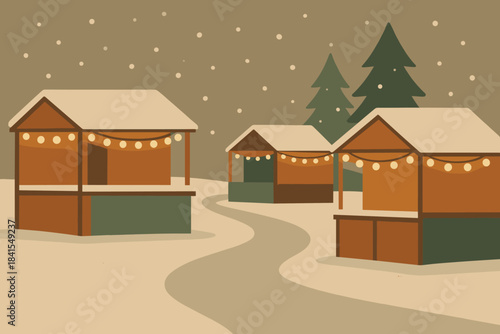 Geometric Winter Market. Winter fair or Christmas market minimalist flat illustration of geometric stalls with