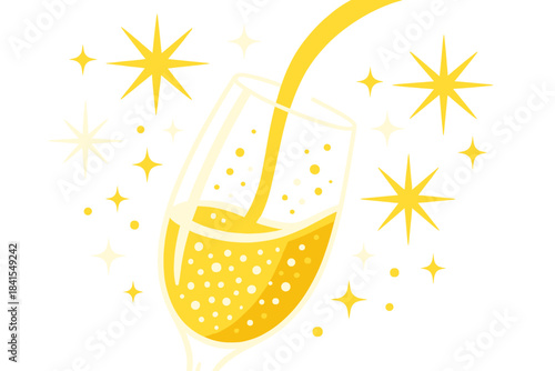 Effervescent Champagne Pour. Golden fizz close-up. Effervescent champagne mid-pour, abstract spark shapes