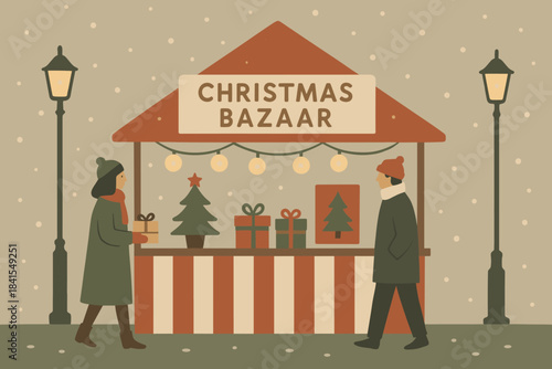 Minimalist Christmas Bazaar. Christmas bazaar minimalist flat illustration of stylized market scene with soft