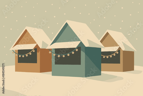Minimalist Holiday Market. Frosted holiday market minimalist flat illustration of angular tents and
